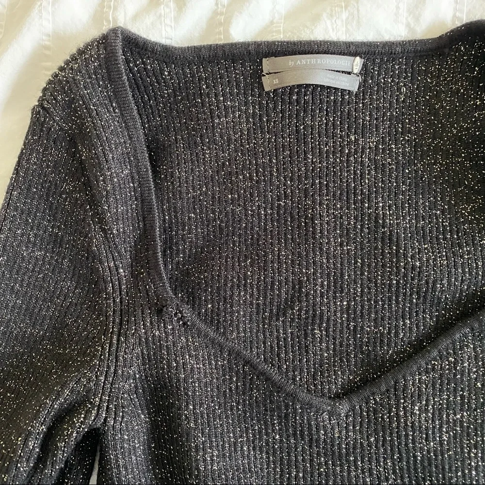 Anthropologie Sparkly Black Sweetheart Neck Knit Sweater Top - Picture 6 of 8